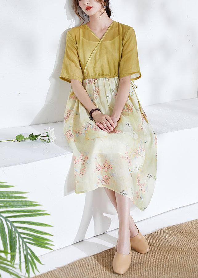 Natural Yellow Patchwork Print Summer Ramie Dresses Half Sleeve - SooLinen