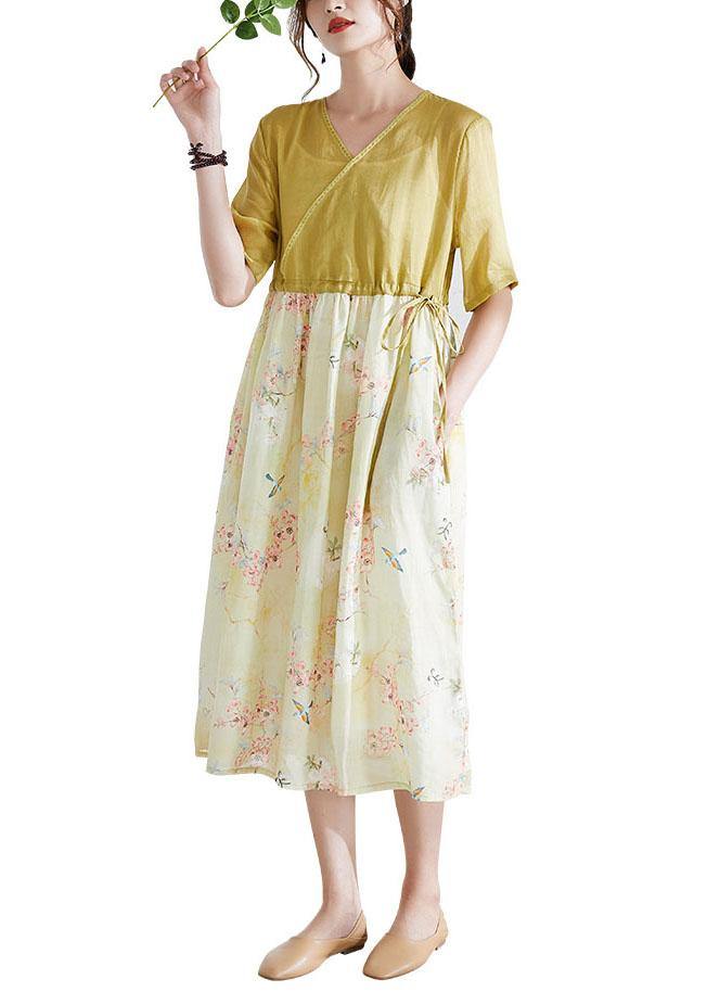 Natural Yellow Patchwork Print Summer Ramie Dresses Half Sleeve - SooLinen