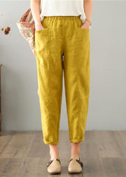 Natural Yellow Pockets Cotton Linen  Pants Summer - SooLinen
