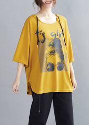 Natural Yellow Print Cotton Hooded Top Half Sleeve
