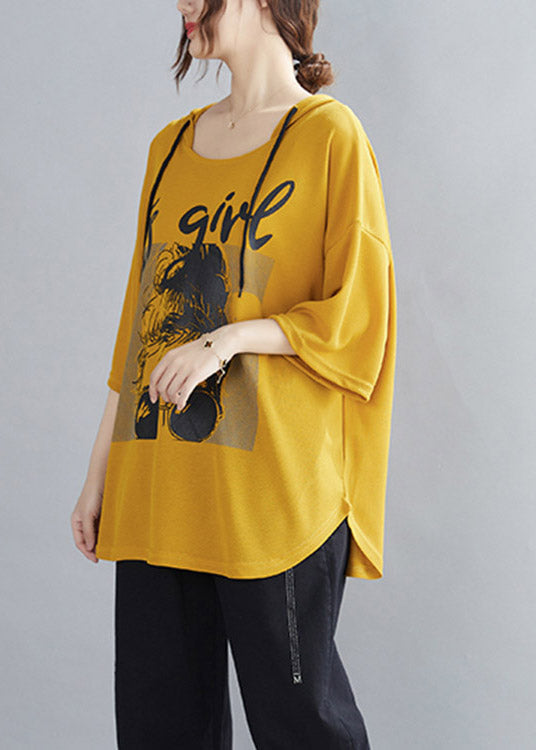 Natural Yellow Print Cotton Hooded Top Half Sleeve