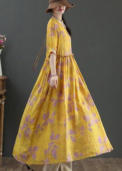 Natural Yellow Print Linen Cinched Summer Dress - SooLinen