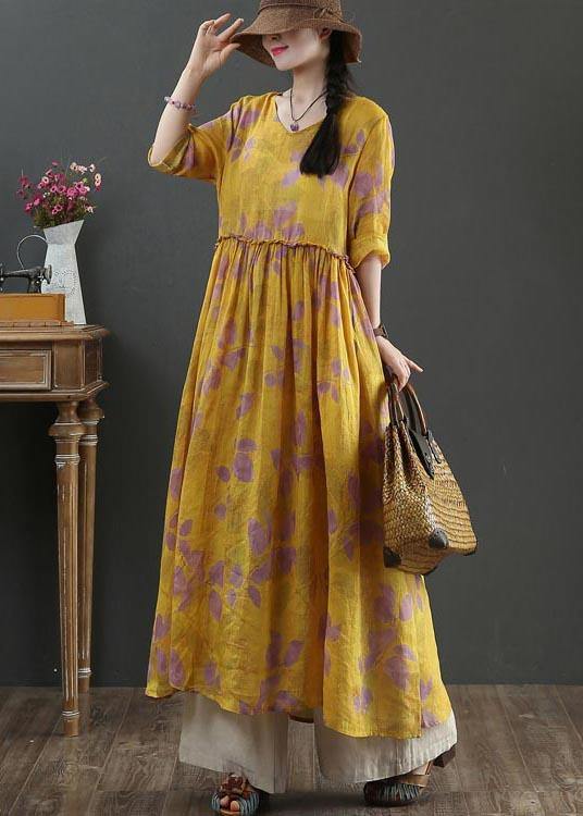 Natural Yellow Print Linen Cinched Summer Dress - SooLinen