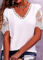 Natural Yellow V Neck Lace Patchwork Tops Summer
