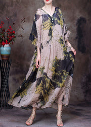 Natural Yellow V Neck Print Chiffon Long Dress And Cotton Spaghetti Strap Dress Women Sets 2 Pieces Half Sleeve