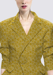 Natural Yellow button Peter Pan Collar Print Western-style clothes Coat Long Sleeve