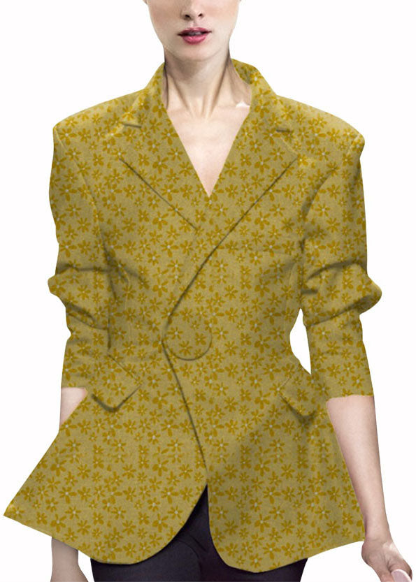 Natural Yellow button Peter Pan Collar Print Western-style clothes Coat Long Sleeve