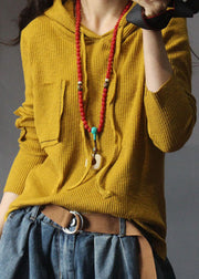 Natural Yellow hooded Casual Knit Fall Long sleeve Top