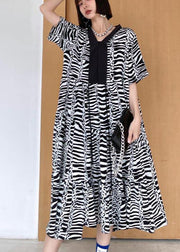 Natural Zebra pattern V Neck Cotton asymmetrical design Summer Maxi Dress - SooLinen