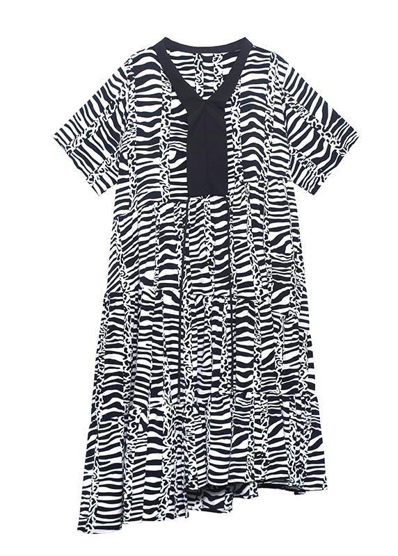 Natural Zebra pattern V Neck Cotton asymmetrical design Summer Maxi Dress - SooLinen