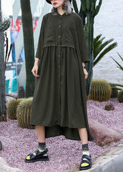 Natural army green chiffon dresses side open Traveling fall shirt Dress - SooLinen