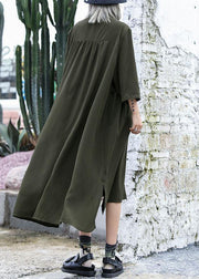 Natural army green chiffon dresses side open Traveling fall shirt Dress - SooLinen