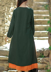 Natural asymmetric false two pieces linen quilting clothes Work blackish green embroidery Dress summer - SooLinen