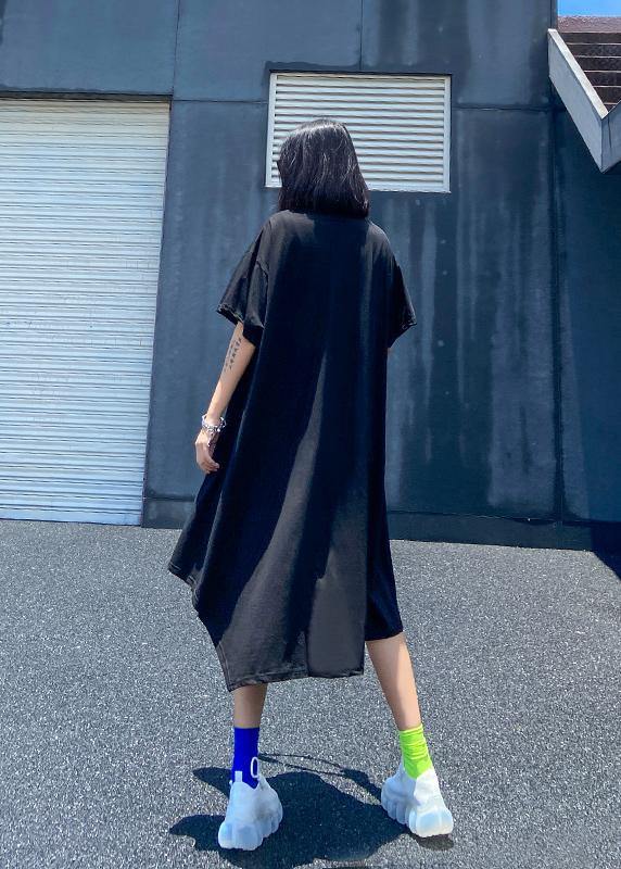 Natural asymmetric hem cotton printsclothes Inspiration black summer Art Dress - SooLinen