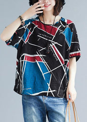 Natural asymmetric prints cotton tunics for women o neck oversized summer blouse - SooLinen