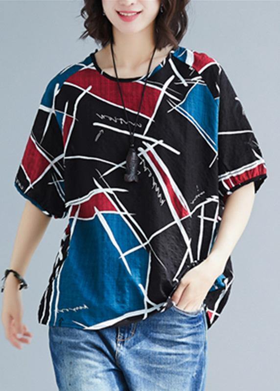 Natural asymmetric prints cotton tunics for women o neck oversized summer blouse - SooLinen