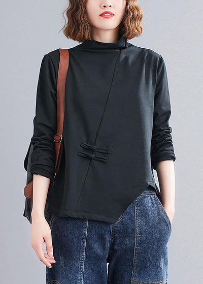 Natural black Blouse high neck Chinese Button Knee tops - SooLinen