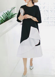 Natural black Cotton Long Shirts Sweets Photography patchwork asymmetric daily Summer Dress