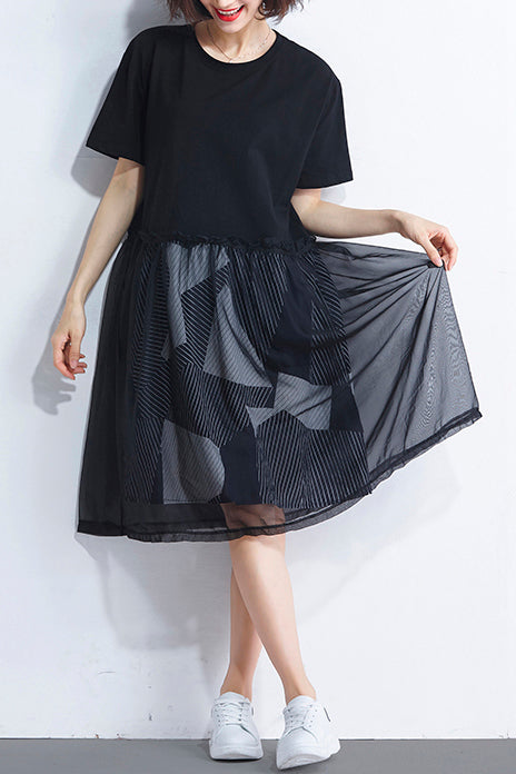 Natürliches schwarzes Baumwoll-Tunika-Korea-Design mit falschem, zweiteiligem Sommerkleid mit O-Ausschnitt