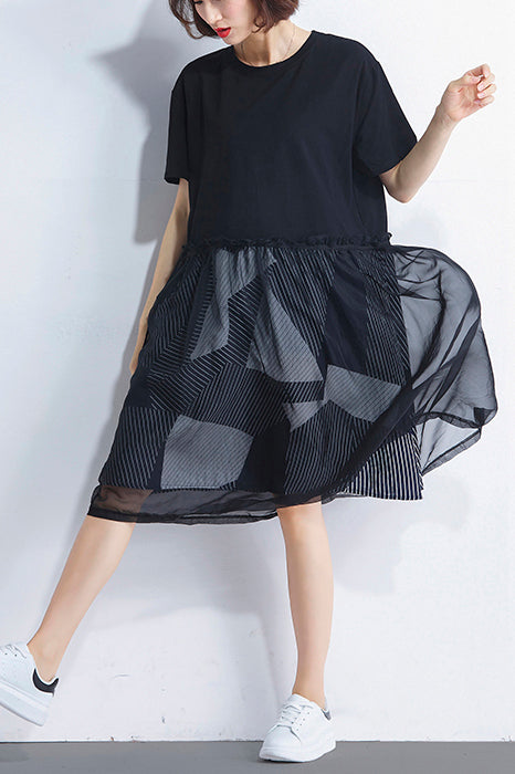 Natürliches schwarzes Baumwoll-Tunika-Korea-Design mit falschem, zweiteiligem Sommerkleid mit O-Ausschnitt