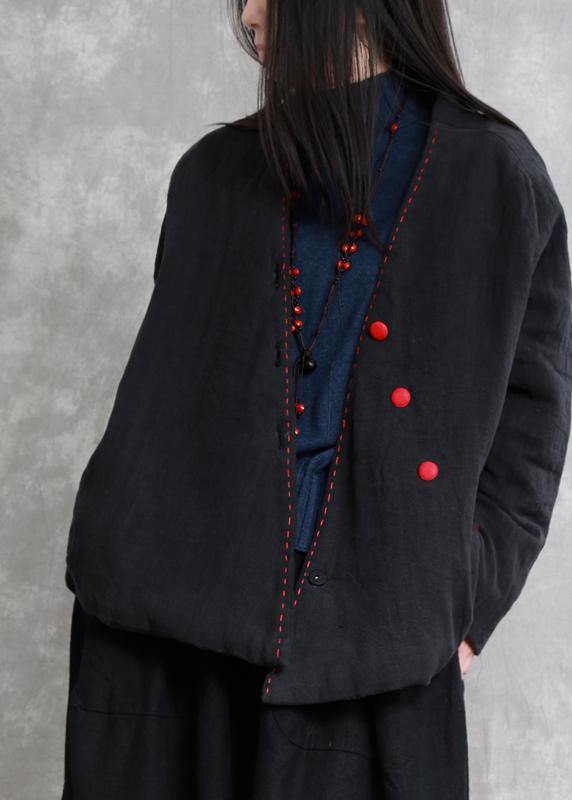 Natural black Fashion trench coat Gifts v neck thick fall jackets - SooLinen