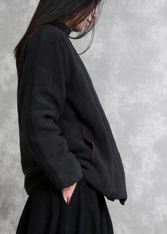 Natural black Fashion trench coat Gifts v neck thick fall jackets - SooLinen