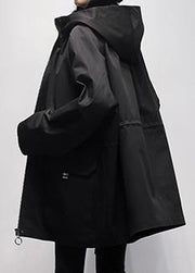 Natural black Plus Size tunic coat Work hooded Cinched  women coats - SooLinen