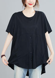 Natural black clothes For Women o neck asymmetric Knee shirts - SooLinen