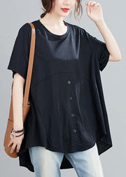 Natural black clothes For Women o neck asymmetric Knee shirts - SooLinen