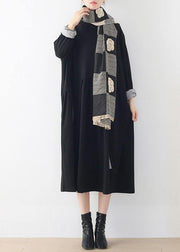 Natural black clothes high neck asymmetric robes Dress - SooLinen