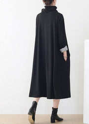 Natural black clothes high neck asymmetric robes Dress - SooLinen