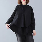 Natural black cotton crane tops Pakistani Shape stand collar Button Down Knee shirt