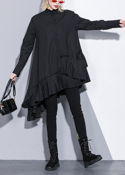 Natural black cotton crane tops patchwork cotton ruffles blouses - SooLinen