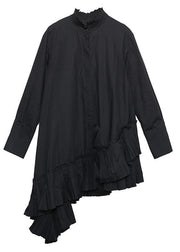 Natural black cotton crane tops patchwork cotton ruffles blouses - SooLinen
