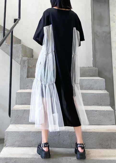 Natural black cotton quilting clothes o neck patchwork tulle Robe summer Dresses - SooLinen