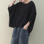 Natural black linen linen women blouses o neck lantern sleeve oversized blouse - SooLinen