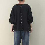 Natural black linen linen women blouses o neck lantern sleeve oversized blouse - SooLinen