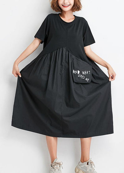 Natural black patchwork Cotton clothes Women big pockets oversized summer Dress - SooLinen