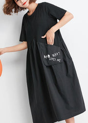 Natural black patchwork Cotton clothes Women big pockets oversized summer Dress - SooLinen