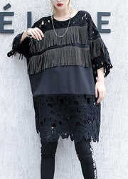 Natural black patchwork Cotton dresses tassel A Line summer Dresses - SooLinen
