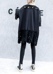 Natural black patchwork Cotton dresses tassel A Line summer Dresses - SooLinen