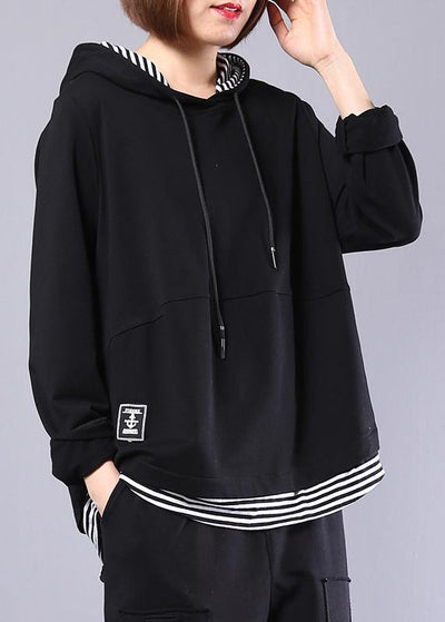 Natural black patchwork cotton clothes hooded false two pieces daily autumn tops - SooLinen