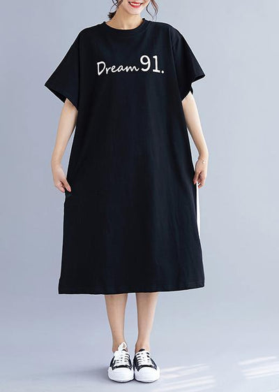 Natural black patchwork cotton quilting clothes side open long summer Dress - SooLinen