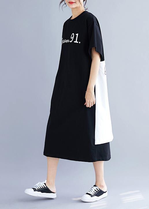 Natural black patchwork cotton quilting clothes side open long summer Dress - SooLinen