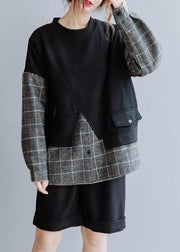 Natural black patchwork plaid Blouse o neck Knee blouses - SooLinen