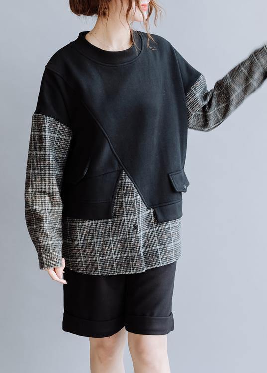 Natural black patchwork plaid Blouse o neck Knee blouses - SooLinen