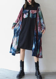 Natural black patchwork print dresses o neck asymmetric Traveling fall Dress - SooLinen