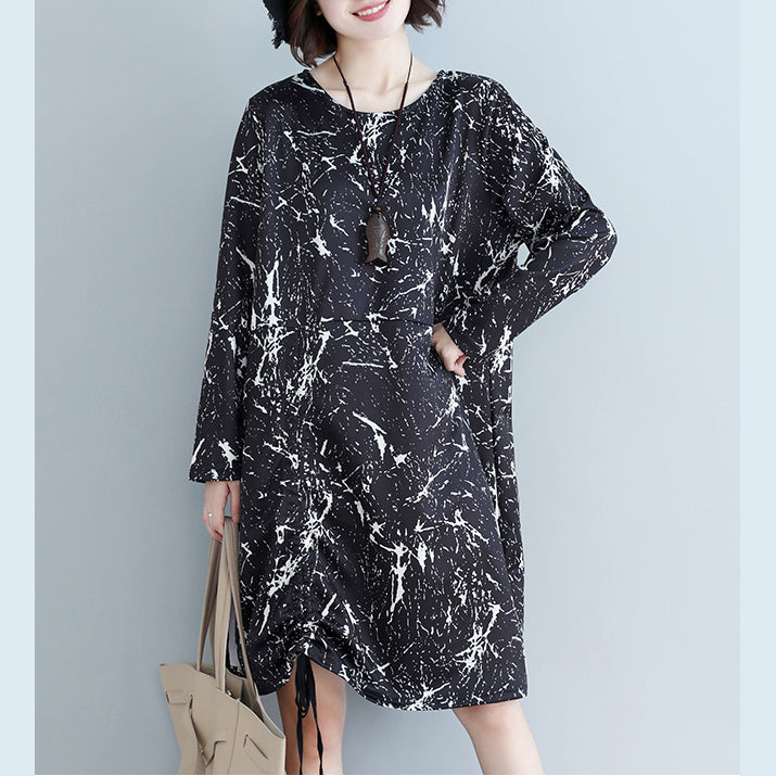 Natürliches schwarzes bedrucktes Baumwollkleid 2019 Form seitlich offenes Baggy-Kleid