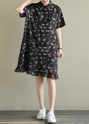 Natural black print chiffon dresses Fitted Shirts lapel short sleeve Kaftan Summer Dresses - SooLinen