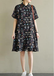 Natural black print chiffon dresses Fitted Shirts lapel short sleeve Kaftan Summer Dresses - SooLinen
